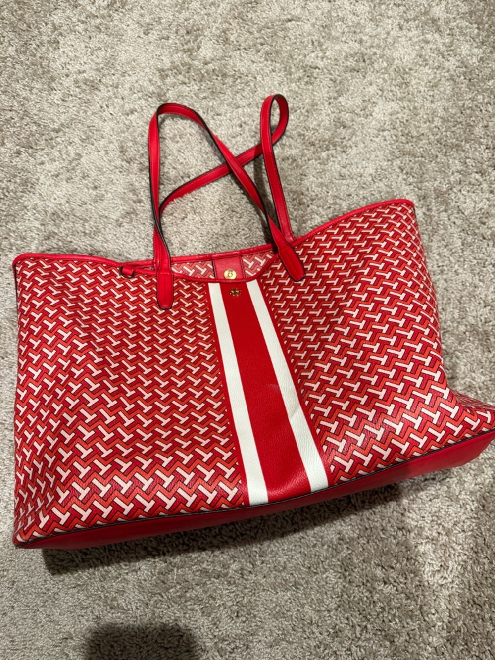 Tory Burch Red Patterned Tote with White Center Stripe